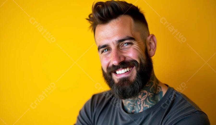 Homem barbudo tatuado sorrindo alegremente em close-up com fundo amarelo
