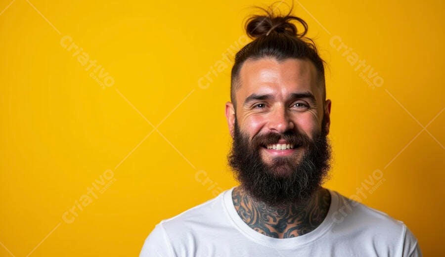 Homem barbudo tatuado sorrindo feliz em fundo amarelo vibrante