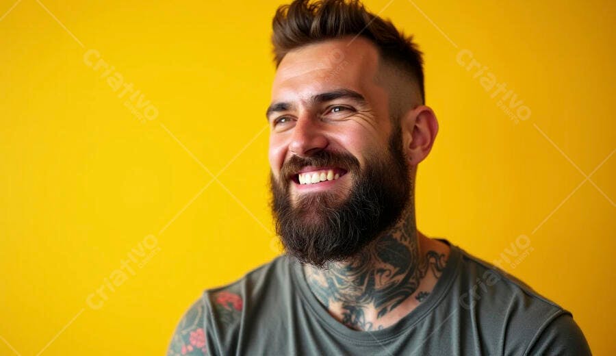 Homem barbudo tatuado jovem sorrindo feliz em fundo amarelo brilhante