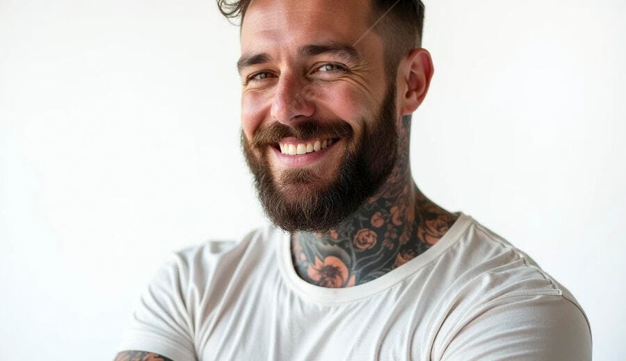 Homem barbudo branco tatuado com flores sorrindo feliz em estúdio