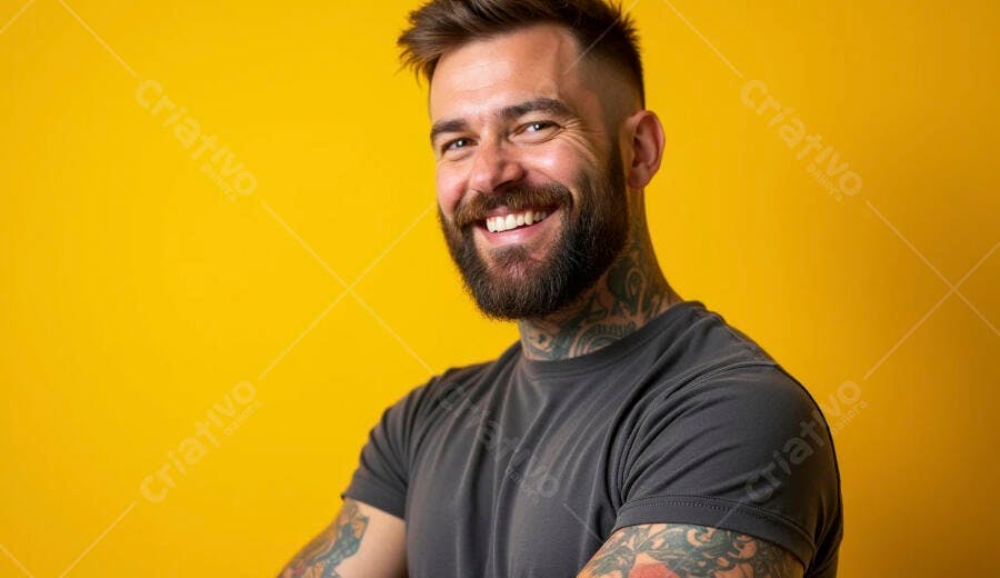 Homem barbudo tatuado sorrindo vibrante em fundo amarelo