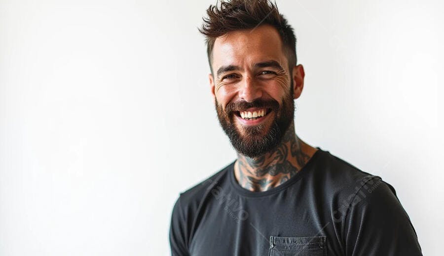 Homem caucasiano barbudo tatuado feliz sorrindo em camiseta escura fundo branco