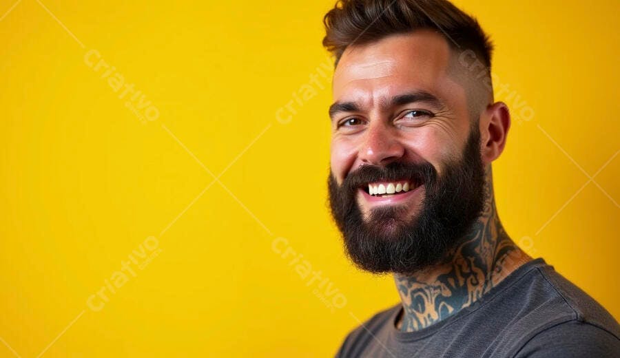 Homem barbudo tatuado sorrindo feliz em fundo amarelo vibrante