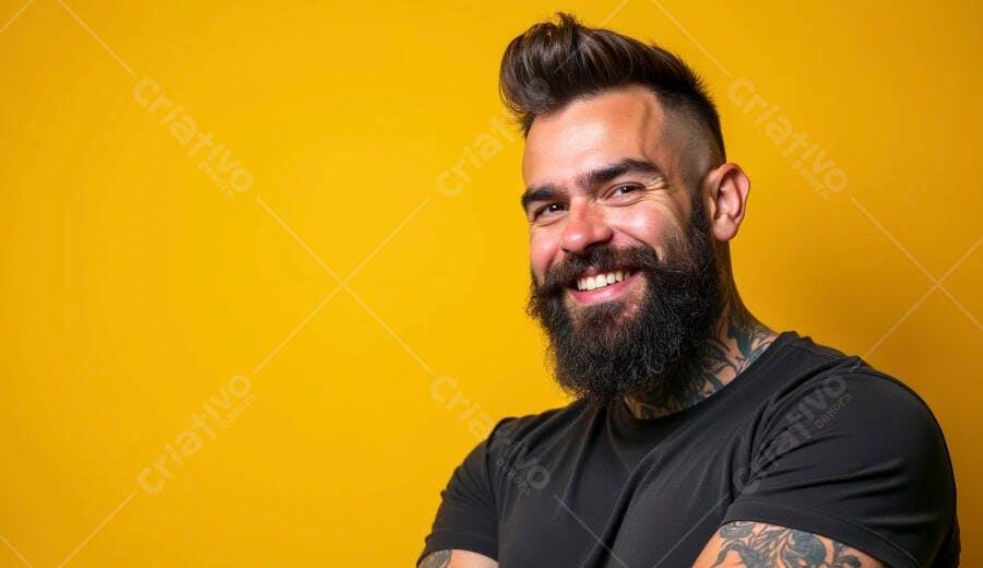 Homem jovem barbudo sorrindo com tatuagens em fundo amarelo vibrante