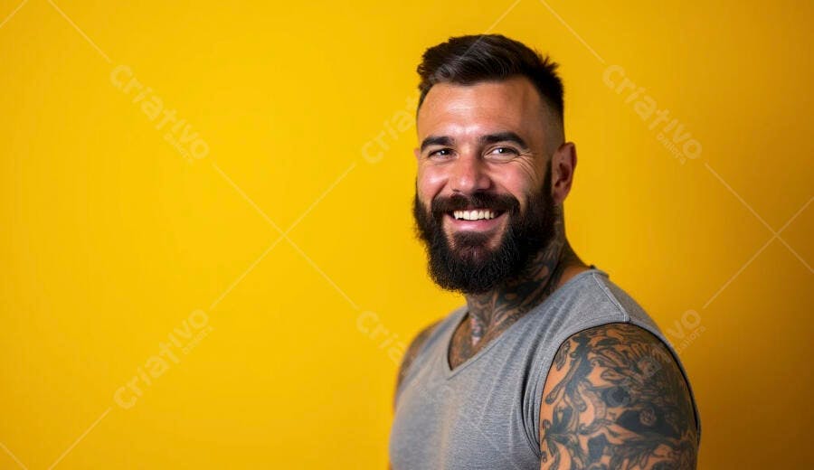 Homem barbudo tatuado sorrindo com camiseta cinza e fundo amarelo vibrante