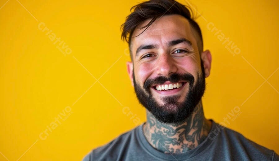 Homem barbudo sorrindo com tatuagens em fundo amarelo brilhante