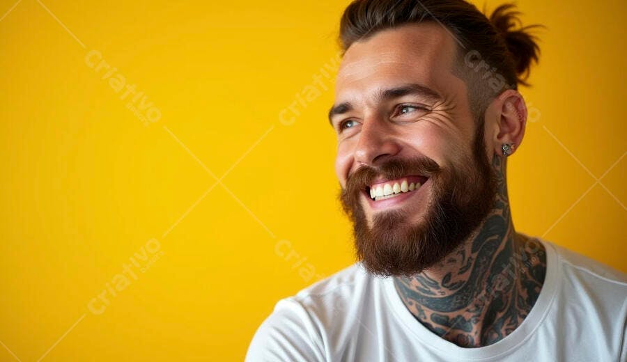 Homem barbudo tatuado sorrindo feliz com cabelo coque em fundo amarelo