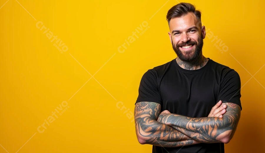 Homem barbudo tatuado sorrindo braços cruzados fundo amarelo