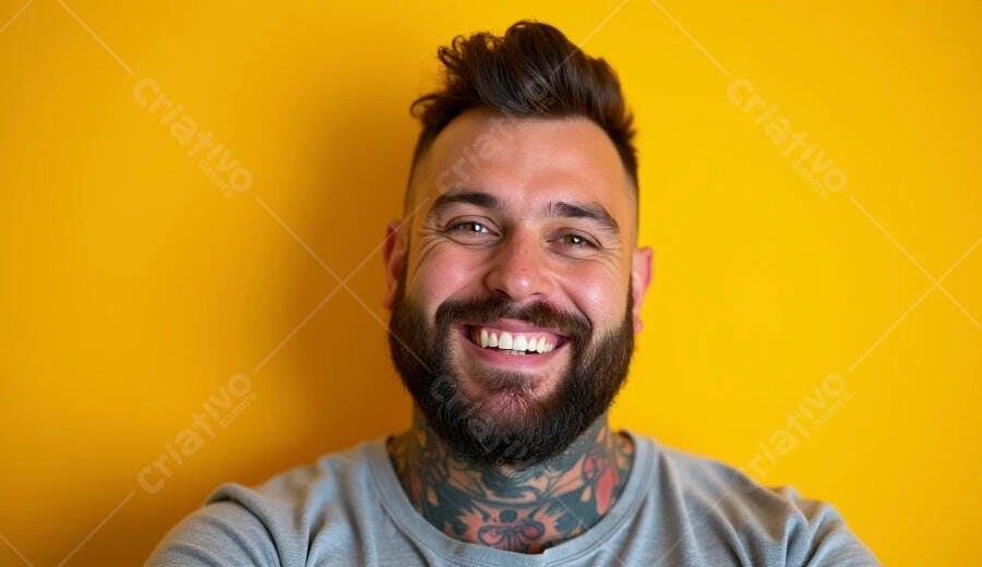 Homem barbudo tatuado sorrindo feliz em fundo amarelo vibrante
