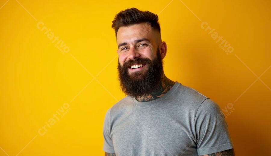 Homem barbudo caucasiano sorrindo com tatuagens em camiseta cinza e fundo amarelo