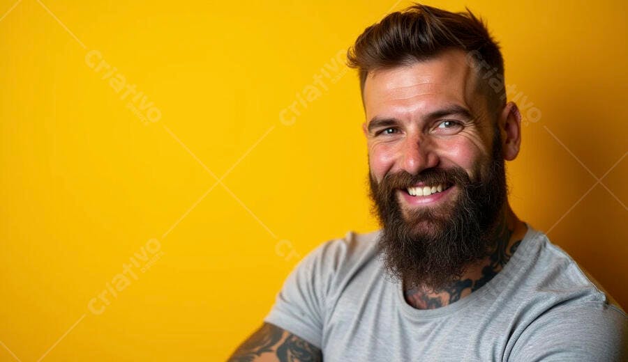 Homem barbudo tatuado sorrindo feliz fundo amarelo vibrante