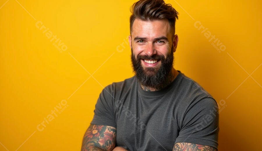 Homem barbudo sorrindo com tatuagens em fundo amarelo vibrante