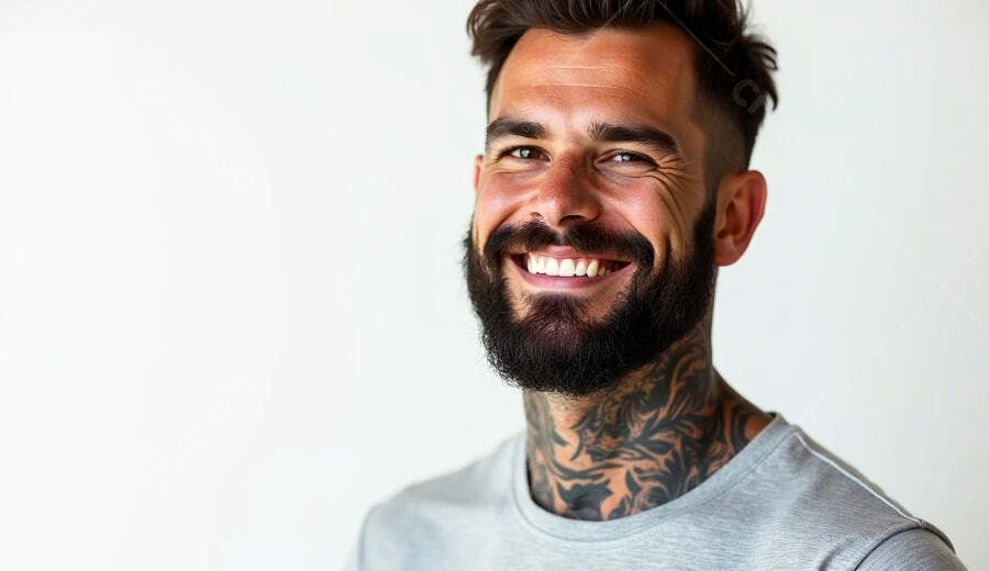 Homem caucasiano barbudo tatuado sorrindo em estúdio minimalista
