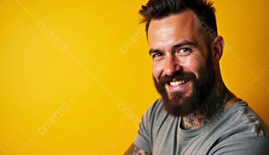 Homem caucasiano feliz com barba e tatuagens sorrindo em fundo amarelo vibrante