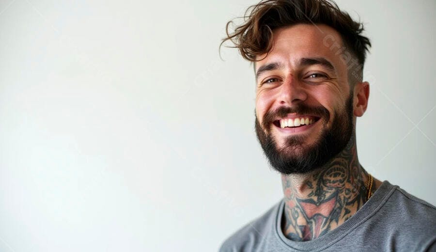 Homem caucasiano barbudo sorrindo com tatuagens no pescoço fundo branco
