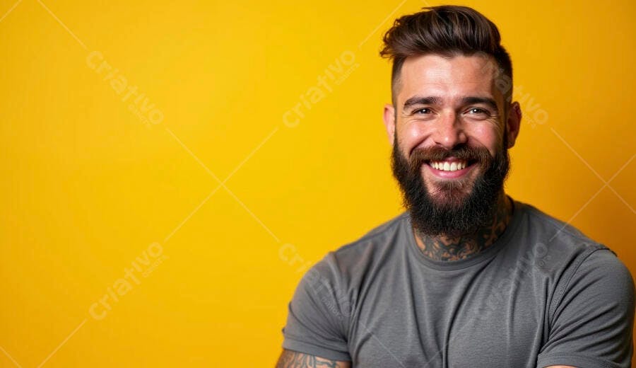 Homem barbudo tatuado sorrindo feliz com camiseta cinza em fundo amarelo vibrante