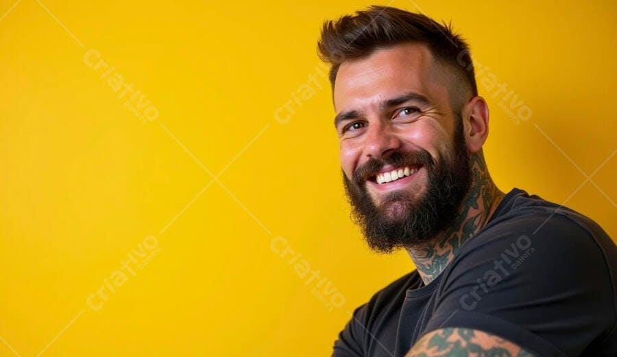Homem barbudo tatuado sorrindo feliz em fundo amarelo vibrante