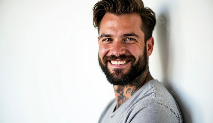 Homem barbudo sorrindo feliz com tatuagens no pescoço contra fundo branco