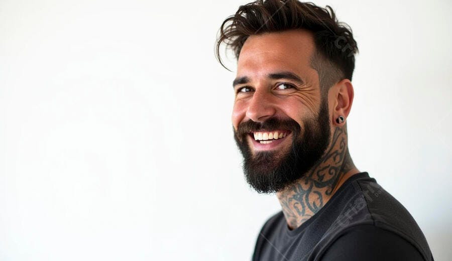 Homem barbudo tatuado sorrindo feliz em camiseta escura contra fundo branco