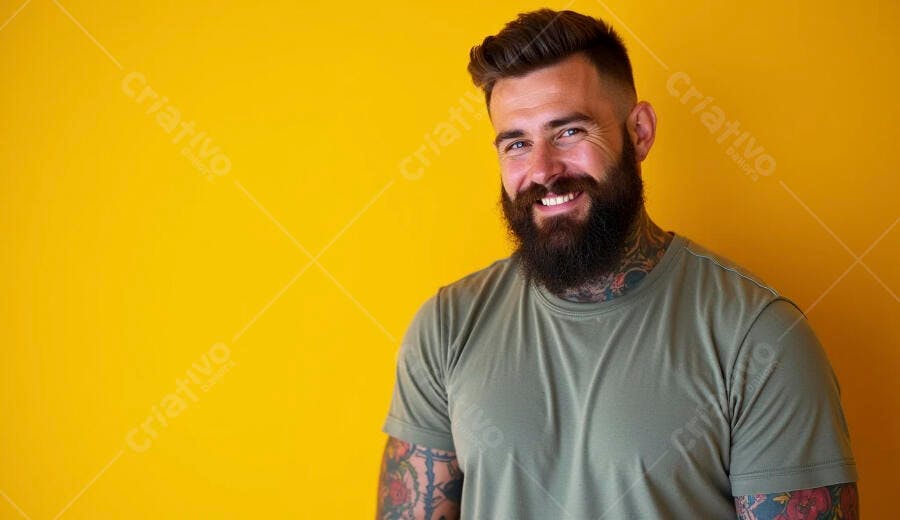 Homem barbudo tatuado feliz sorrindo em fundo amarelo vibrante