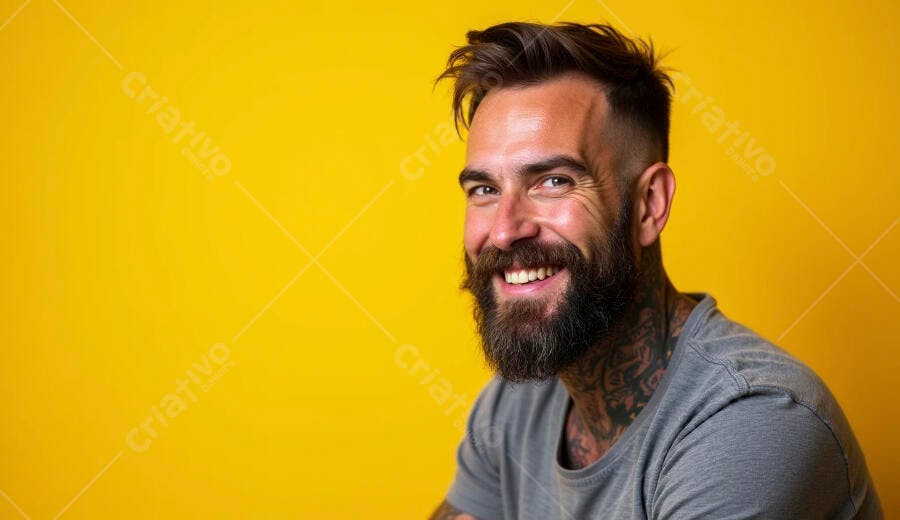 Homem barbudo tatuado caucasiano sorrindo em fundo amarelo vibrante