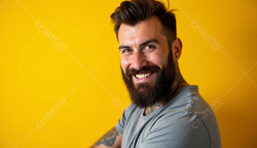 Homem barbudo caucasiano sorrindo feliz em estúdio amarelo