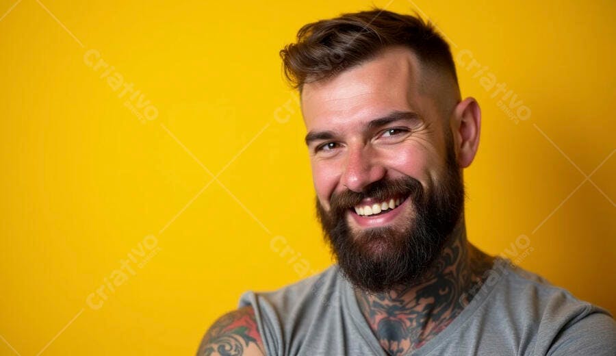 Homem barbudo sorrindo feliz com tatuagens no pescoço sobre fundo amarelo vibrante