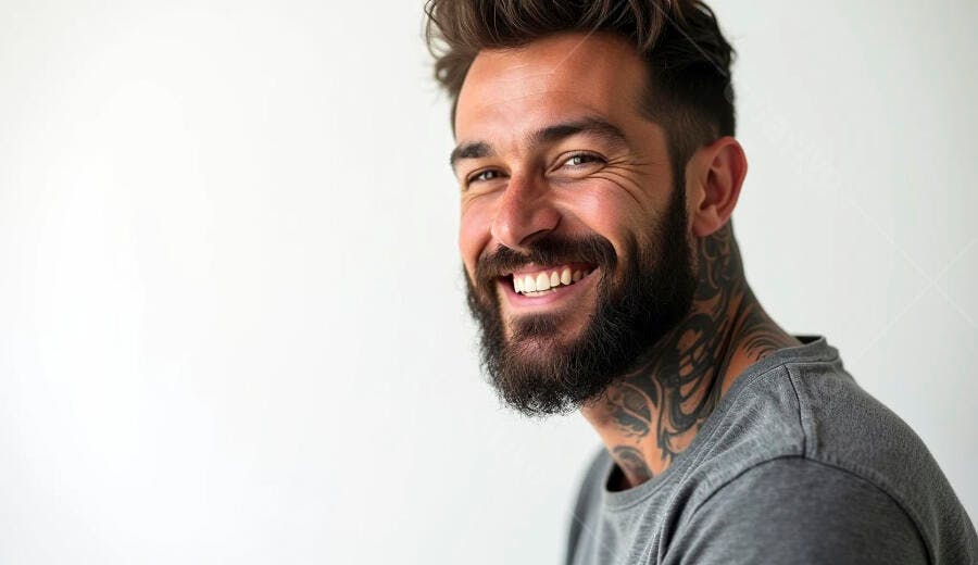 Homem barbudo tatuado sorrindo com camiseta cinza em retrato moderno