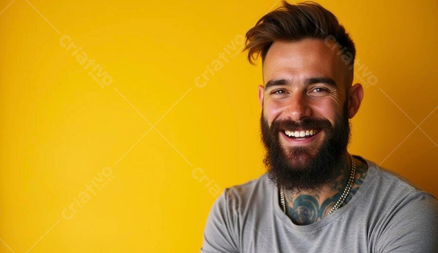 Homem barbudo caucasiano sorrindo feliz em fundo amarelo vibrante