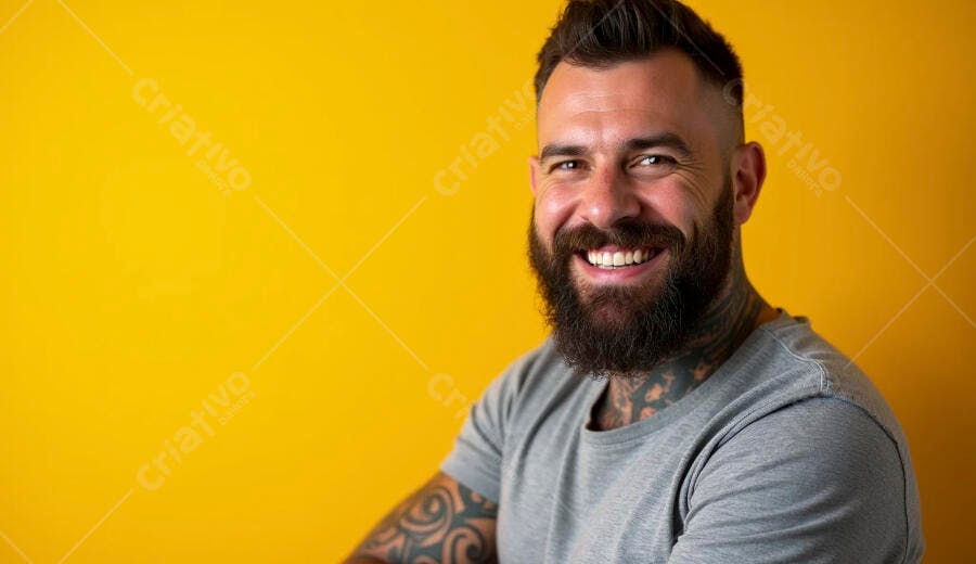 Homem barbudo sorrindo com tatuagens em fundo amarelo vibrante