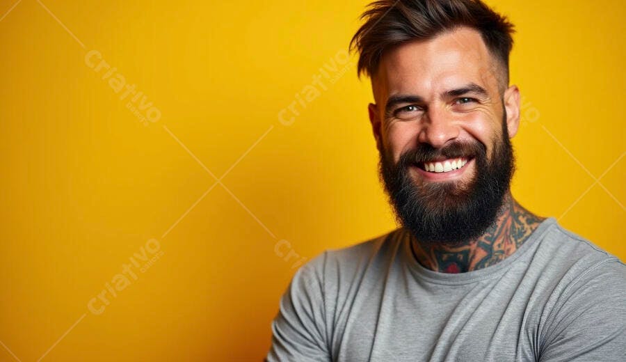 Homem barbudo caucasiano feliz sorrindo camiseta cinza tatuagens fundo amarelo