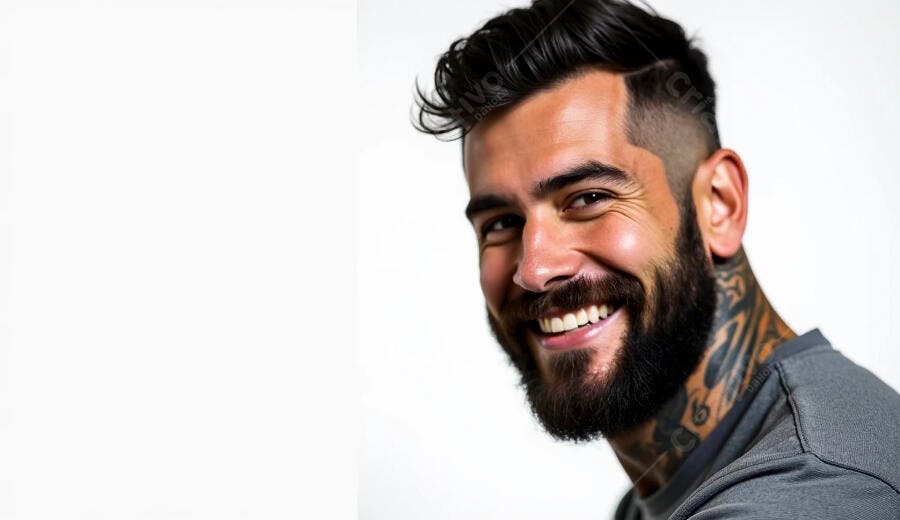 Homem barbudo tatuado sorrindo alegremente com cabelo moderno em estúdio branco