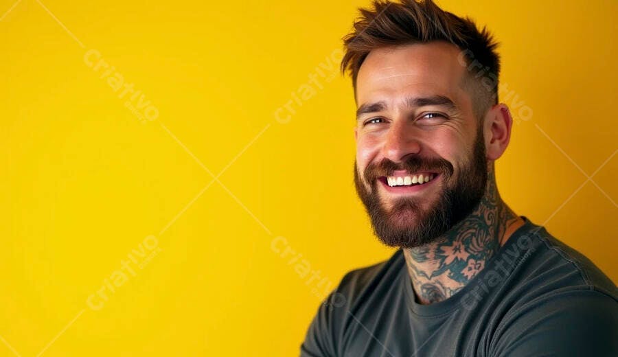Homem barbudo jovem tatuado sorrindo em retrato com fundo amarelo vibrante