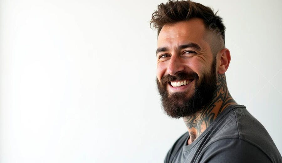 Homem caucasiano barbudo sorrindo com tatuagens no pescoço sobre fundo branco