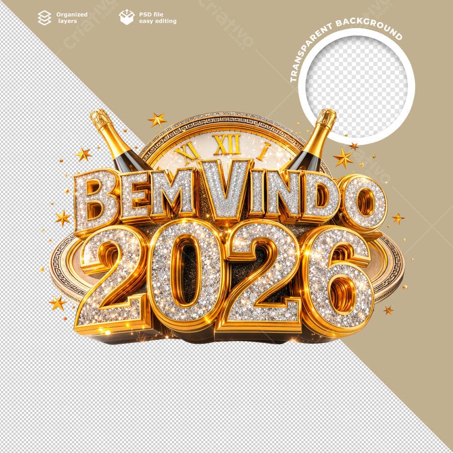 Elemento Gráfico 3D Bem Vindo 2026 Dourado Glitter para Ano Novo PSD Editável