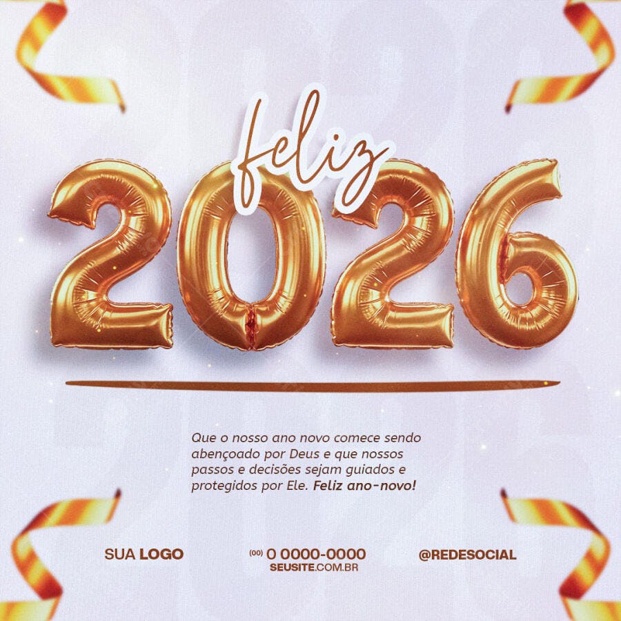 Post para Ano Novo Feliz 2026 com Balões Dourados PSD Editável