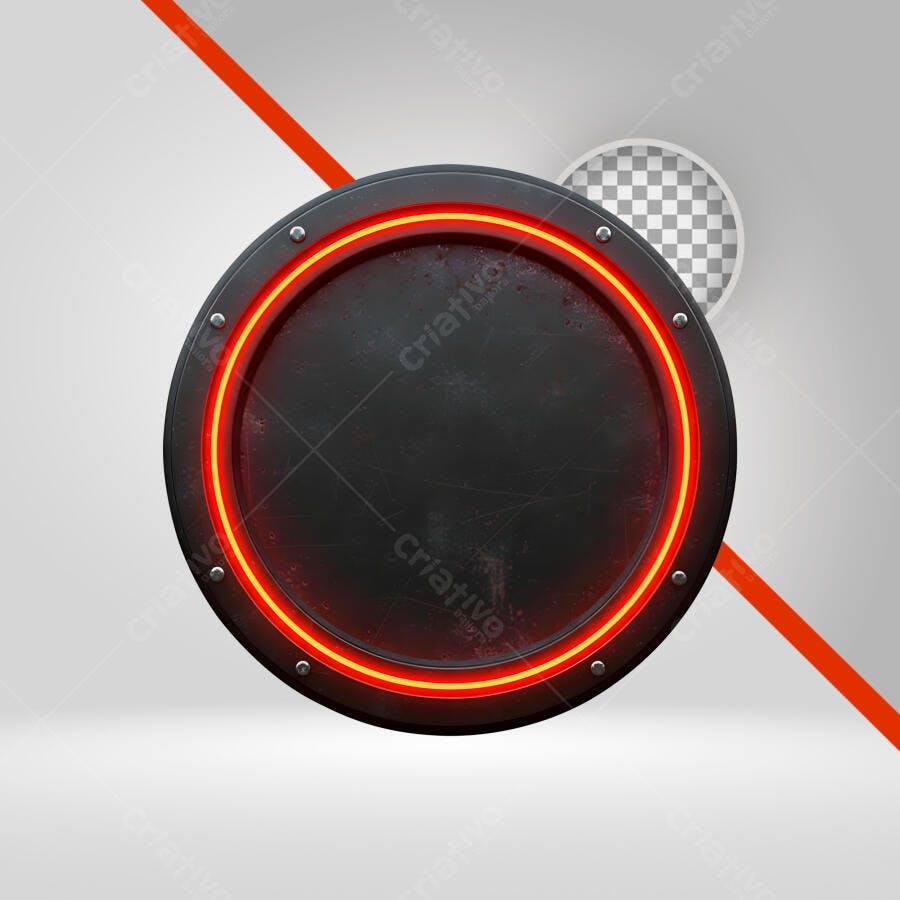 Botão redondo metálico escuro com borda neon vermelha e amarela PNG com fundo transparente