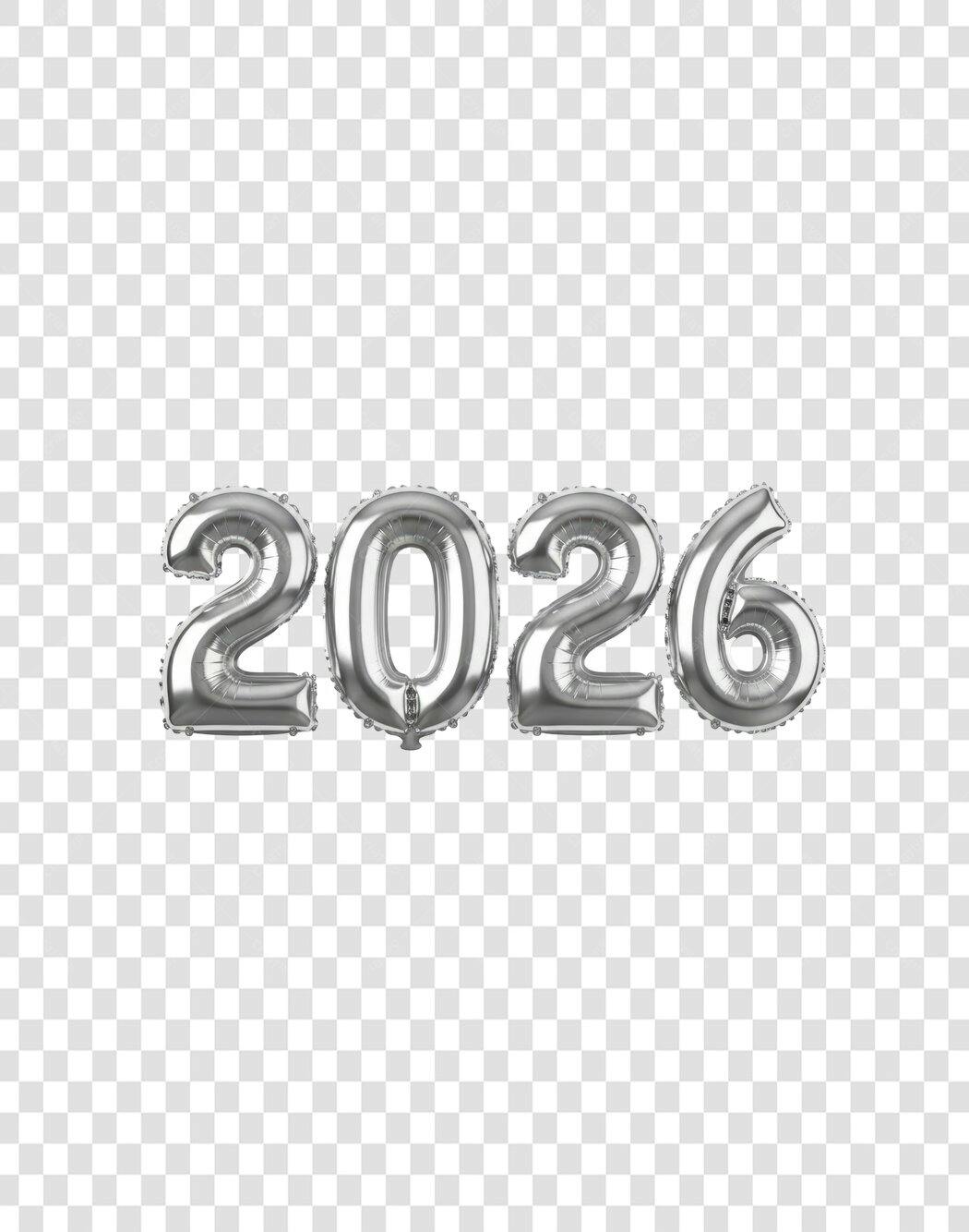 Balões Numéricos 2026 Prata Metálicos para Ano Novo Celebração PNG com fundo transparente