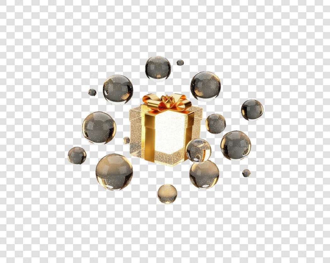 Elemento 3D Caixa de Presente Dourada e Esferas Brilhantes PNG com fundo transparente