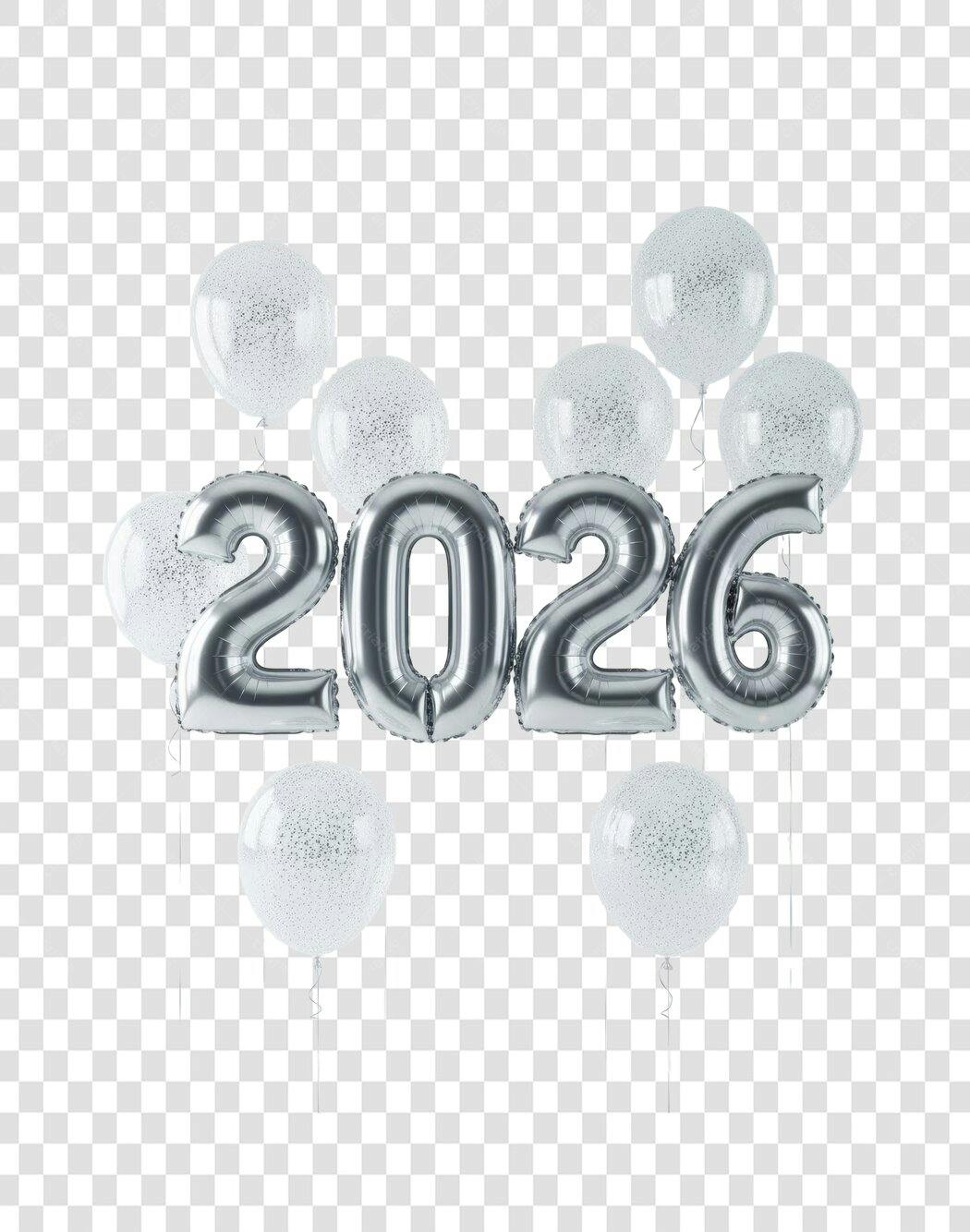 Balões 3D Prata 2026 com Confetes Transparente Ano Novo PNG com fundo transparente