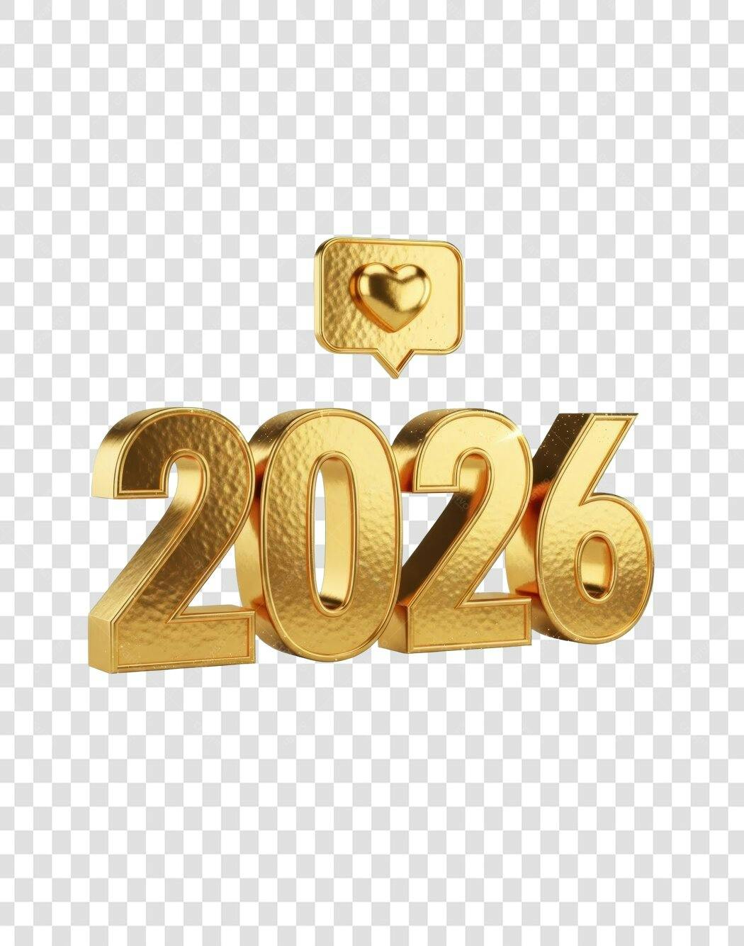 Título 3D Dourado 2026 com Curtir Redes Sociais Ano Novo PNG com fundo transparente