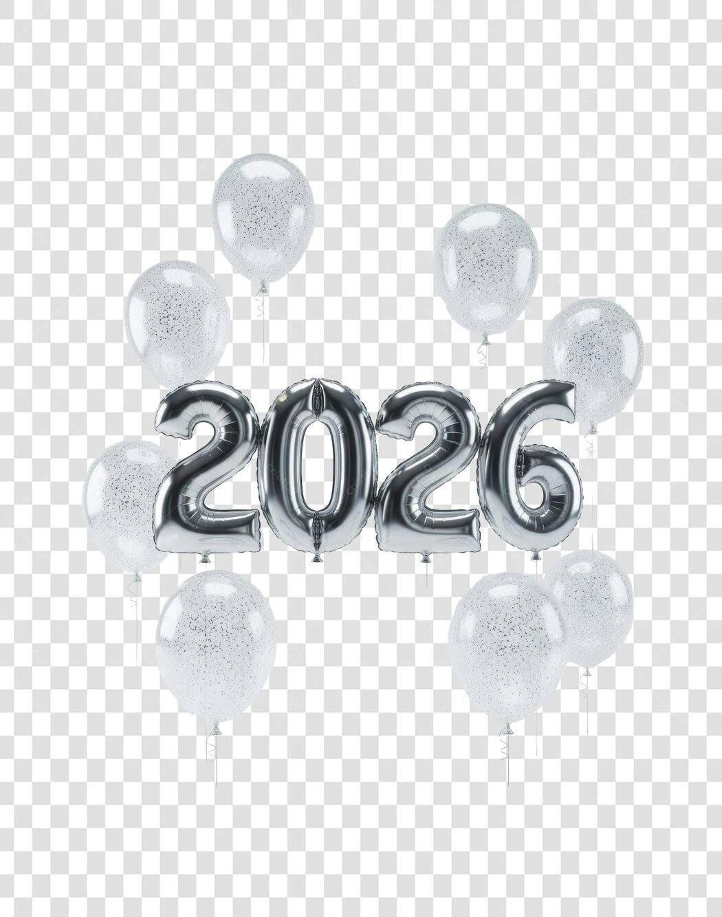 Balões 2026 Ano Novo Metálico Prata e Transparente PNG com fundo transparente