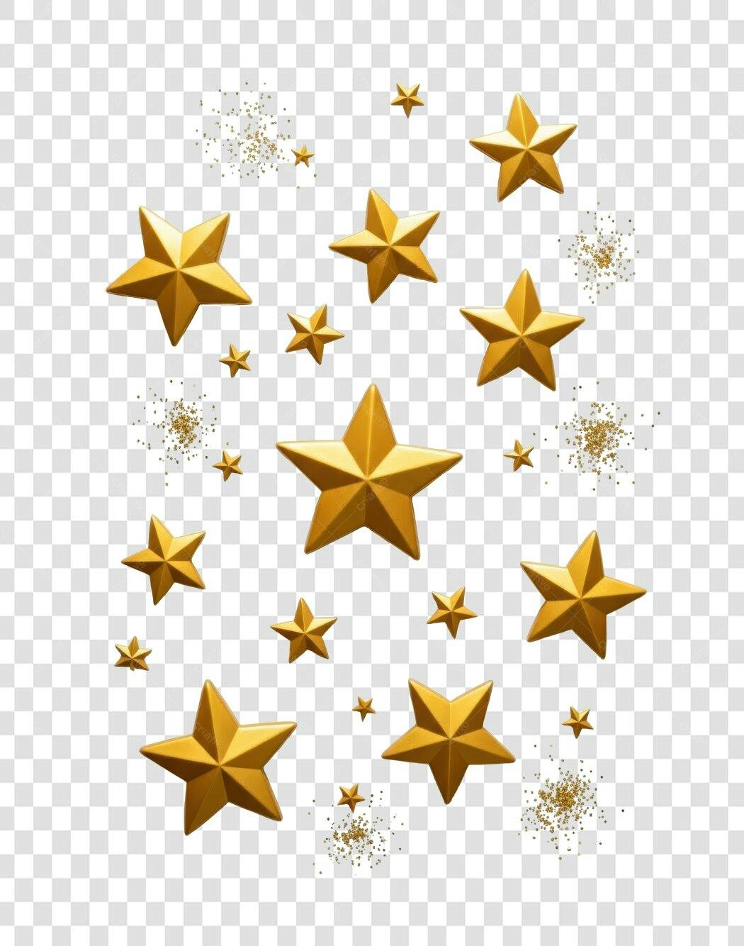 Estrelas 3D Douradas e Glitter para Festas e Eventos PNG com fundo transparente
