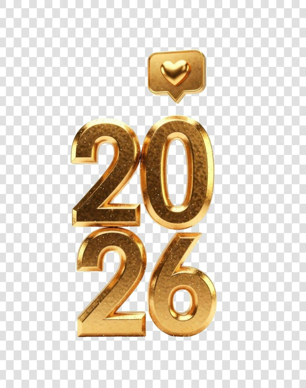 Elemento 3D Ano Novo 2026 Dourado com Ícone Like PNG com fundo transparente