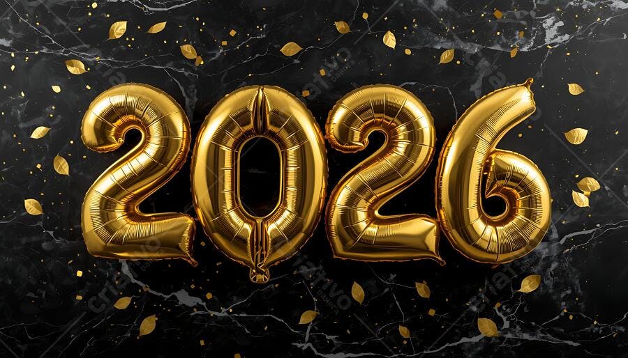 Balões dourados 2026 em fundo mármore preto com confetes brilhantes