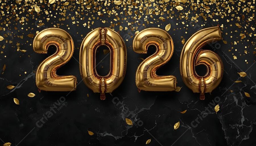 Balões dourados 2026 em fundo preto com confetes festivos