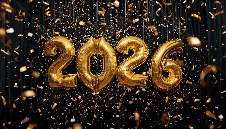 Balões dourados 2026 com confetes caindo celebração Ano Novo