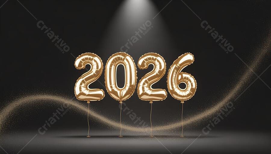 Balões dourados 2026 brilhando em fundo escuro com glitter festa de ano novo