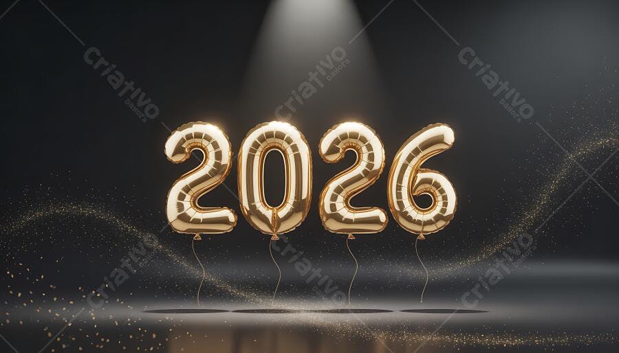 Balões dourados 2026 flutuando em fundo escuro com glitter
