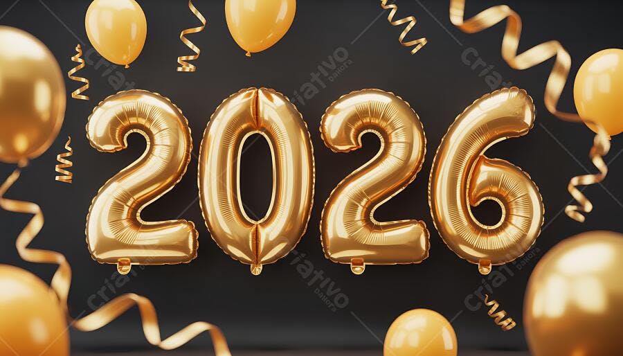 Balões dourados 2026 com confetes em fundo preto festivo